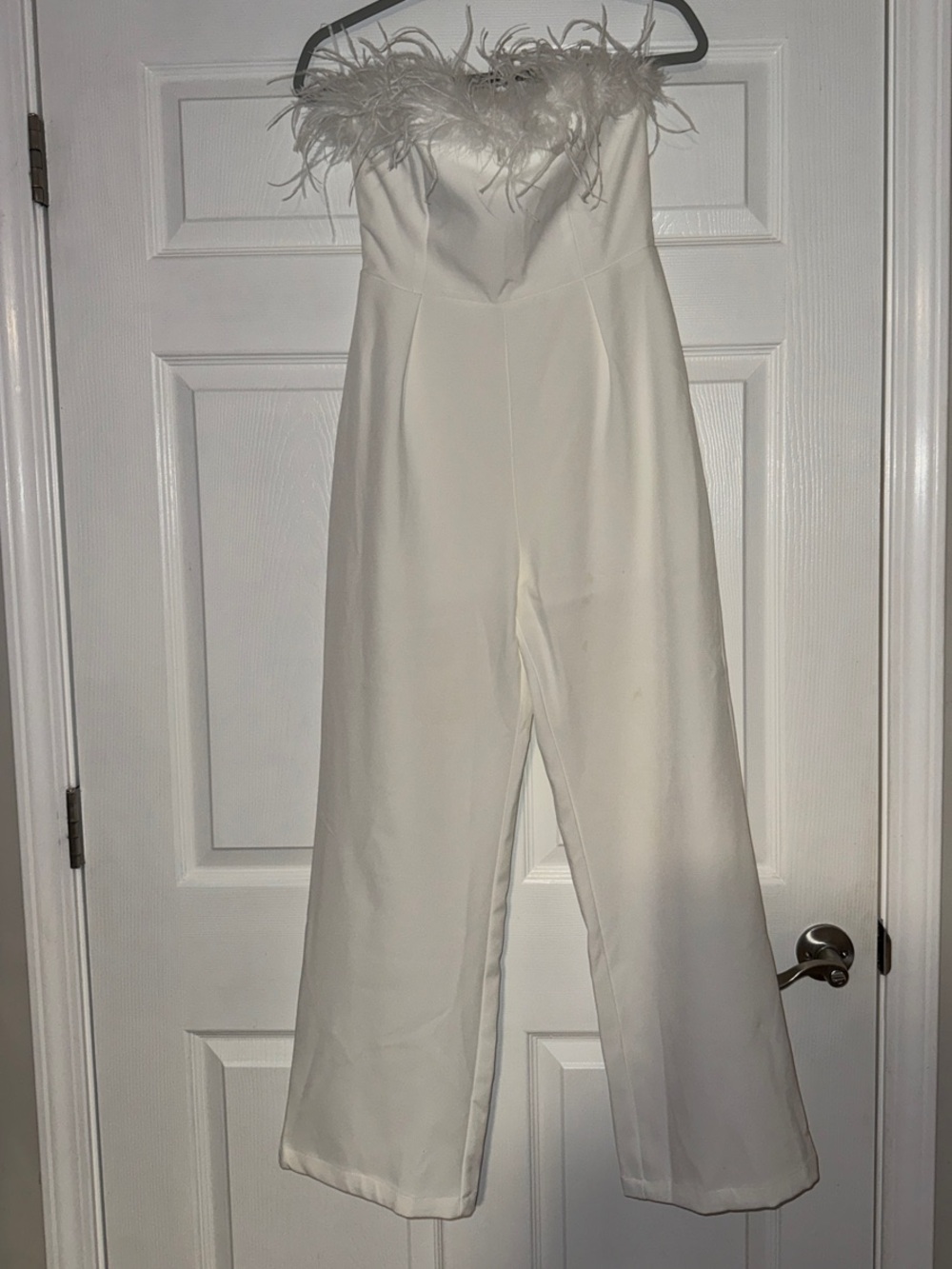 Strapless Feather-Trim White Jumpsuit
